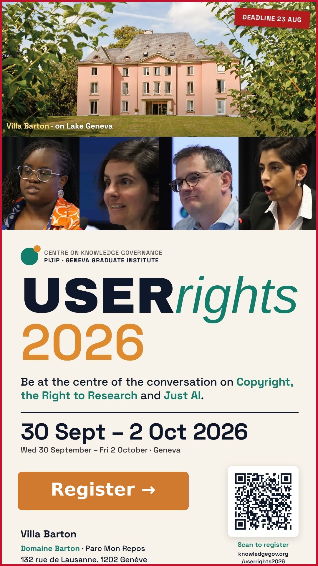 User Rights 2026 — Copyright, Right to Research, Just AI. 30 Sept–2 Oct 2026, Villa Barton, Geneva. Register by 23 Aug.
