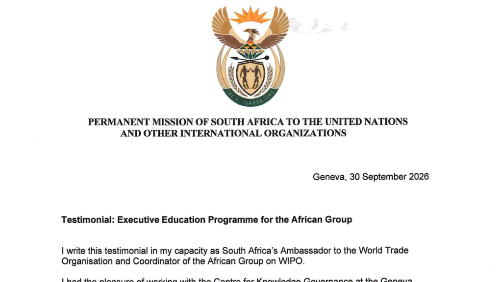 Letterhead of the Permanent Mission of South Africa with the heading Testimonial: Executive Education Programme for the African Group, Geneva, 30 September 2026