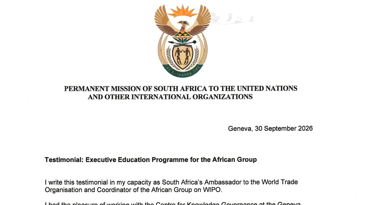 Letterhead of the Permanent Mission of South Africa with the heading Testimonial: Executive Education Programme for the African Group, Geneva, 30 September 2026